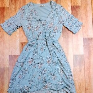 Vintage Dex Floral Chiffon Ruffle Wrap Dress Blue Botanical Tiered Sleeve‎